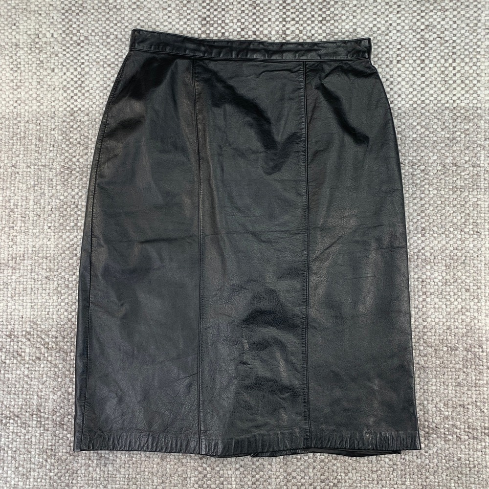 Evan Davies Skirt Womens 12P Black Leather Pencil Midi Front Slit Vintage
